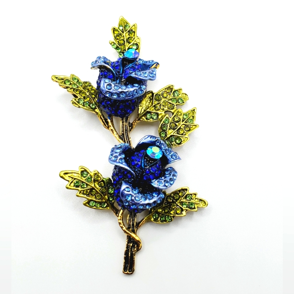 AMAZING blue rose brooch BIG statement double flowers crystals sparkle new
